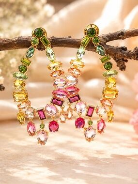New Rainbow Crystal Earrings 18k Yellow Gold Plated, Bridal Jewelry